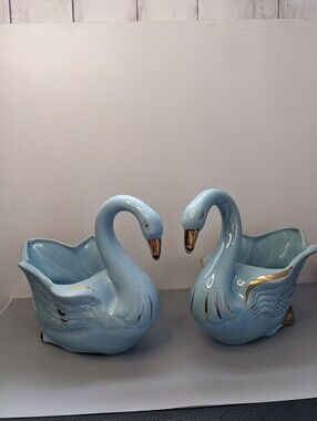 Vintage Japanese Opalescent Blue Swan Planter Pair With Gold Accents  1960s